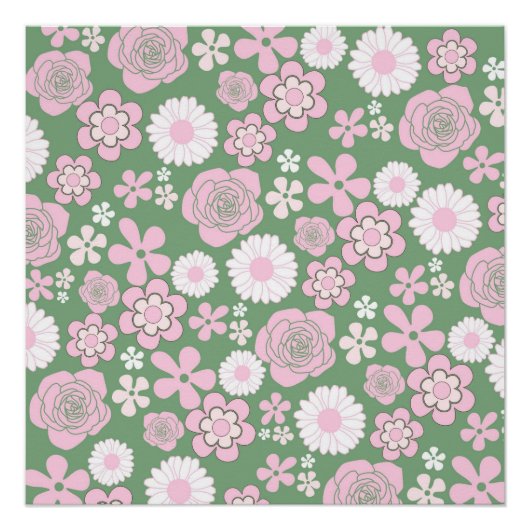 Green Pink White Retro Y2K 70er Blume Muster Poster (Vorderseite)