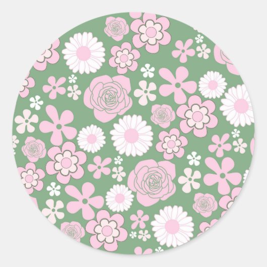 Green Pink White Retro Y2K 70er Blume Muster Runder Aufkleber (Vorderseite)