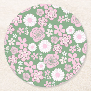 Green Pink White Retro Y2K 70er Blume Muster Runder Pappuntersetzer