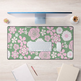 Green Pink White Retro Y2K 70er Blume Muster Schreibtischunterlage