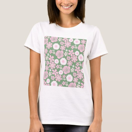 Green Pink White Retro Y2K 70er Blume Muster T-Shirt (Vorderseite)