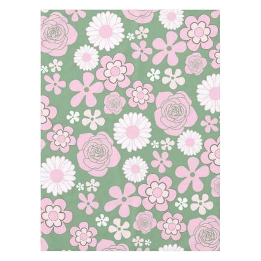 Green Pink White Retro Y2K 70er Blume Muster Tischdecke (Vorderseite)