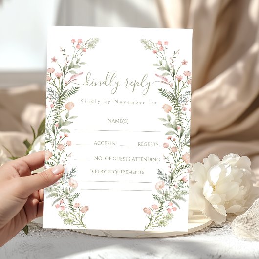 Green pink wildflower floral wedding RSVP cards