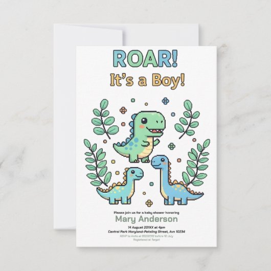 Green Pixelated Dinosaur Baby Shower party boy Einladung (Vorderseite)