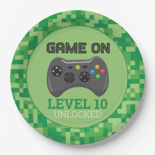 Green pixellevel up Video Game Birthday Party Pappteller