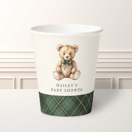 Green Plaid Classic Teddy Bear Baby Shower Pappbecher