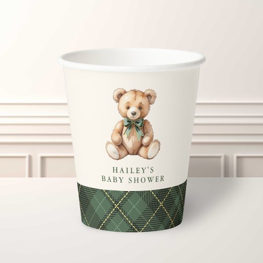 Green Plaid Classic Teddy Bear Baby Shower Pappbecher