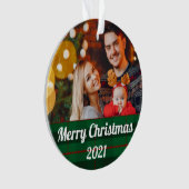 Green Plaid Family Christmas Photo With Text Ornament (Vorderseite)