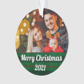Green Plaid Family Christmas Photo With Text Ornament (Vorderseite)