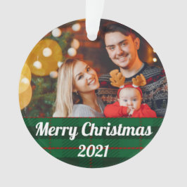 Green Plaid Family Christmas Photo With Text Ornament