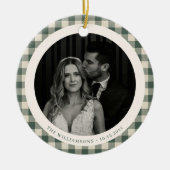 Green Plaid Gingham Wedding Photo Holiday Keepsake Keramik Ornament (Vorne)