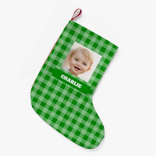 Green Plaid Kid Photo & Name Gingham Rustic Checks Kleiner Weihnachtsstrumpf (Vorderansicht (hängend))