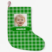 Green Plaid Kid Photo & Name Gingham Rustic Checks Kleiner Weihnachtsstrumpf (Vorderseite)