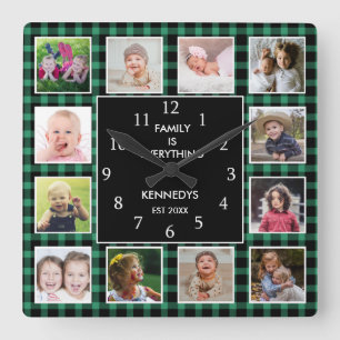 Green Plaid  Photo Collage Family Quote Christmas Quadratische Wanduhr