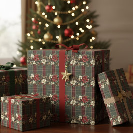 Green Plaid Red Gold Poinsettia Christmas Pattern Geschenkpapier
