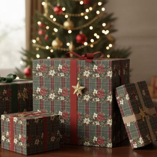 Green Plaid Red Gold Poinsettia Christmas Pattern Geschenkpapier