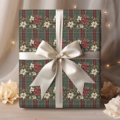 Green Plaid Red Gold Poinsettia Christmas Pattern Geschenkpapier