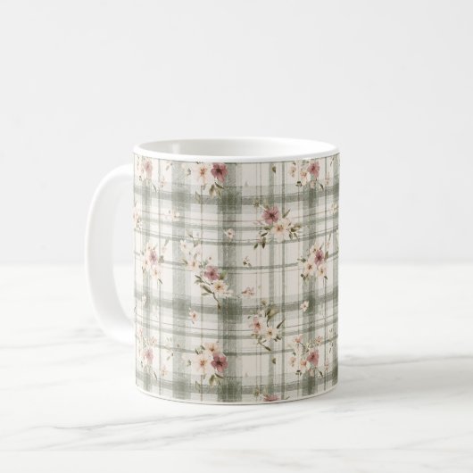 Green Plaid Stripes Burgundy Cream Flowers Kaffeetasse (Vorderseite Links)