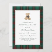 Green Plaid Teddy Bear Christmas Party Einladung (Vorderseite)