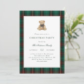 Green Plaid Teddy Bear Christmas Party Einladung (Stehend Vorderseite)