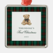 Green Plaid Teddy Bear First Christmas Ornament Aus Metall (Vorne)