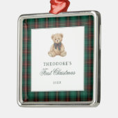 Green Plaid Teddy Bear First Christmas Ornament Aus Metall (Links)