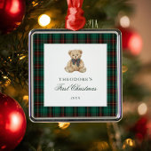 Green Plaid Teddy Bear First Christmas Ornament Aus Metall