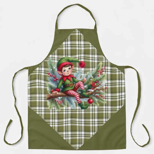 Green Plaid With a Lazy Elf on A Branch Schürze (Vorderseite)