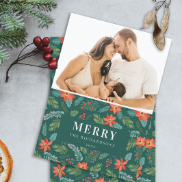 Green Poinsettia Merriest Christmas Pattern Foto Feiertagskarte