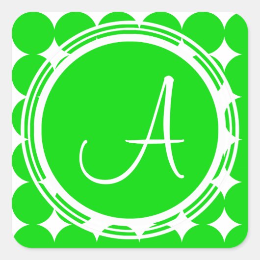 Green Polka Dot Monogram Quadratischer Aufkleber (Vorderseite)