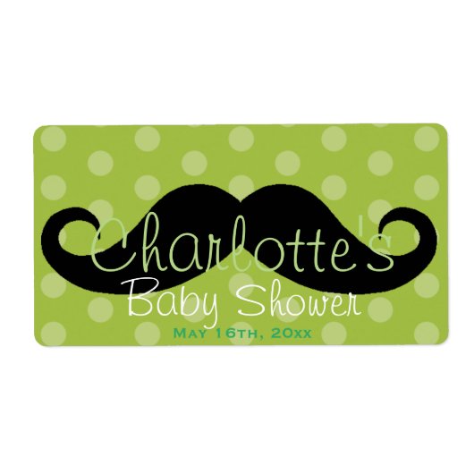 Green Polka Dot Mustache Baby Dusche Wasserflasche (Vorne)