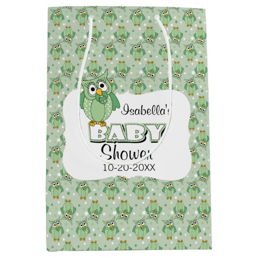 Green Polka Dot Owl - Babydusche Mittlere Geschenktüte (Vorderseite)