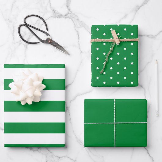 Green Polka Dot weich gestreift und fest Geschenkpapier Set (Vorderseite)