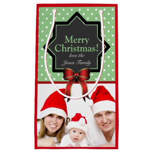 Green Polka Dots Festive Custom Foto Weihnachten Kleine Geschenktüte (Vorderseite)