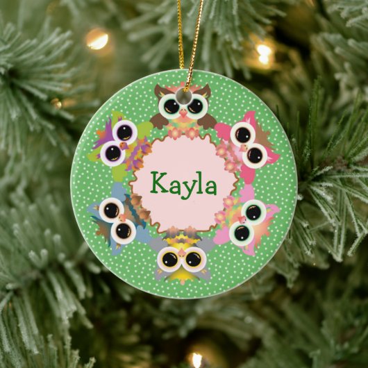 Green Polka Dots Owl Kranz Keramik Ornament (Baum)
