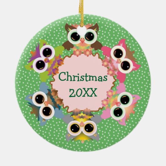 Green Polka Dots Owl Kranz Keramik Ornament (Hinten)
