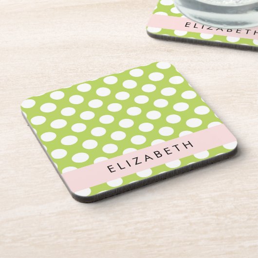Green Polka Dots, Polka Dot Pattern, Ihr Name Getränkeuntersetzer (Linke Seite)