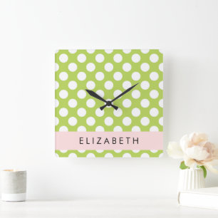Green Polka Dots, Polka Dot Pattern, Ihr Name Quadratische Wanduhr