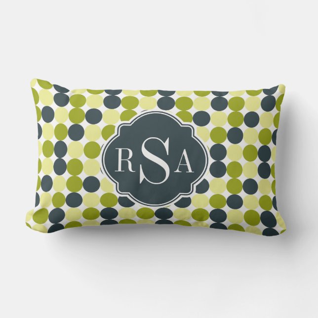 Green Polka Dots und Blue Monogram Lendenkissen (Vorderseite)