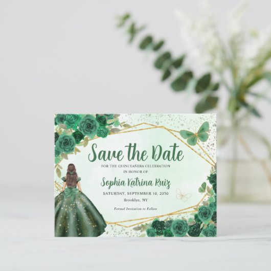 Green Princess Floral Quinceñera Save the Date Postkarte (Stehend Vorderseite)