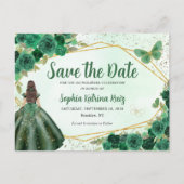 Green Princess Floral Quinceñera Save the Date Postkarte (Vorderseite)