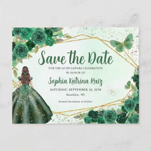 Green Princess Floral Quinceñera Save the Date Postkarte (Vorderseite)