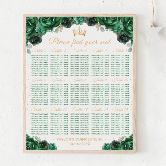 Green Princess Quinceañera 15 Tische Sitzplan Poster