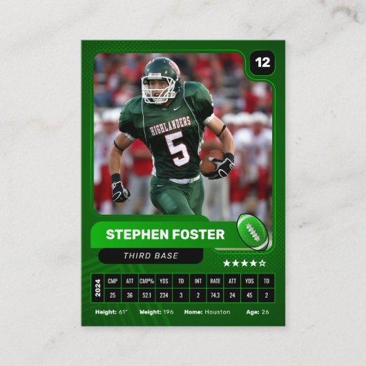 Green Pro American Football Player Trading Card Telefonnummerkarte (Vorderseite)