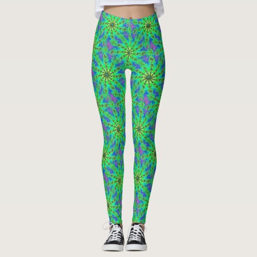 Green Psychedelic Sternexplosion Fraktal Pattern Leggings (Vorderseite)