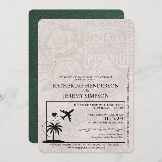 Green Puerto Rico Passport Hochzeit Einladung (Vorne/Hinten)