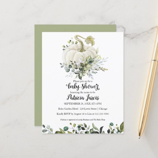 Green Pumpkin Budget Baby Dusche Einladung (Vorderseite/Rückseite Beispiel)