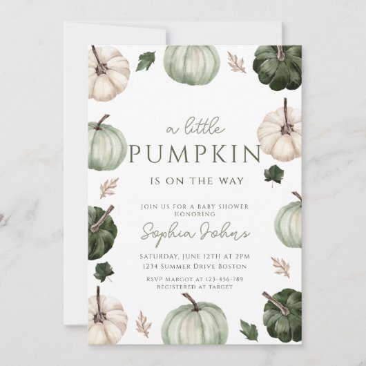 Green Pumpkin fall Gender Neutral Baby Dusche Einladung (Vorderseite)