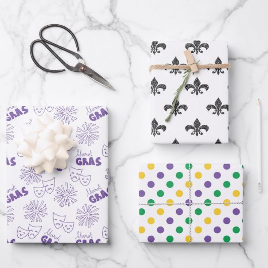 GREEN PURPLE YELLOW MARDI GRAS THEMES GESCHENKPAPIER SET (Vorderseite)