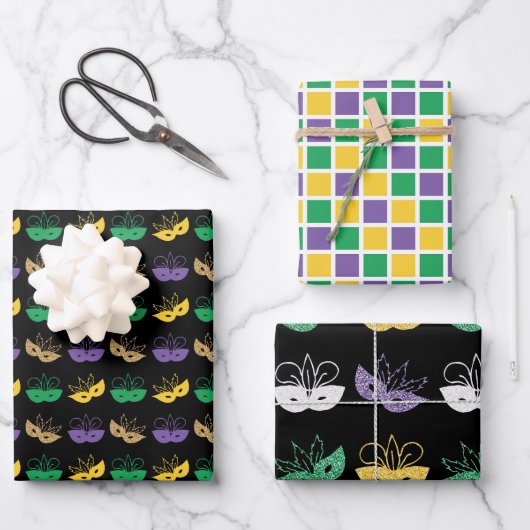 GREEN PURPLE YELLOW MARDI GRAS THEMES GESCHENKPAPIER SET (Vorderseite)